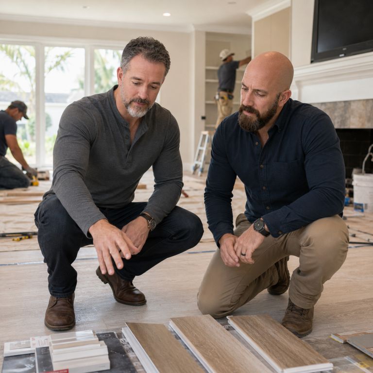 Michael Ligon and David Ligon choosing flooring for a Florida remodel