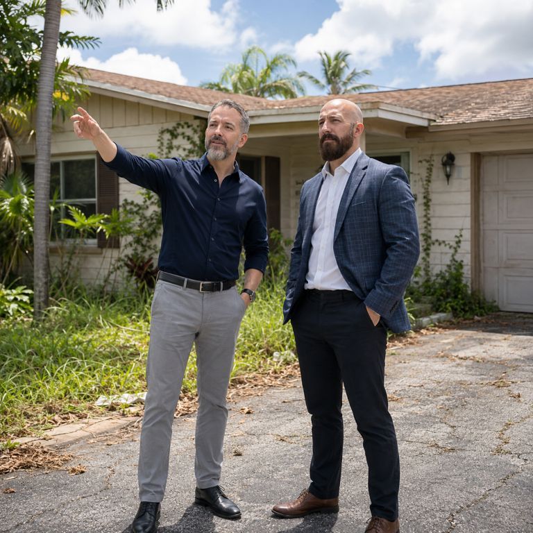 Michael Ligon and David Ligon discussing a Florida neighborhood for buying houses
