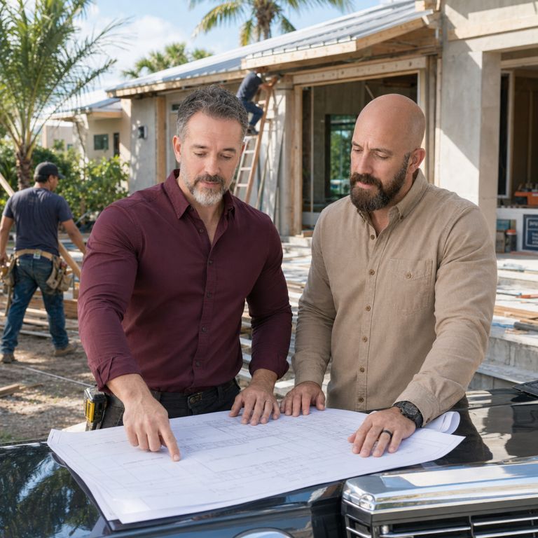 Michael Ligon and David Ligon reviewing blueprints at a Florida remodel