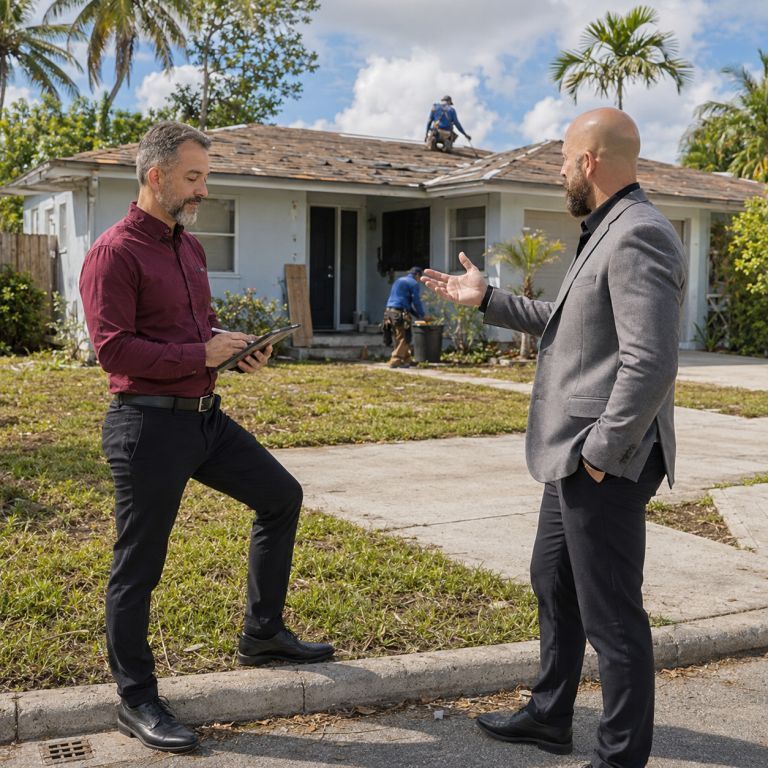 Michael Ligon and David Ligon outside a Florida rehab property reviewing repairs